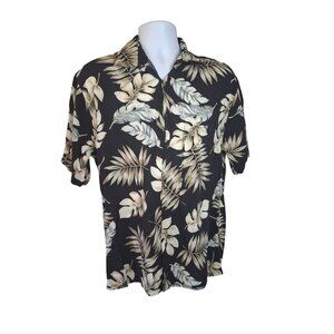 Vtg Campia Moda Mens Hawaiian Shirt M Black Tropical Leaf Button-Up Rayon Beach